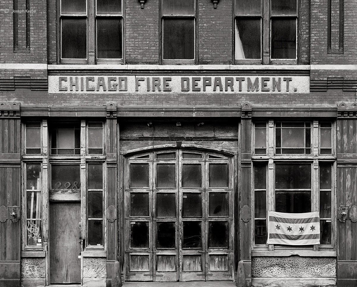 pride, chicago, photo, fire, station, downtown, architecture, old, vintage, flag, art, department, large, format, black, white...