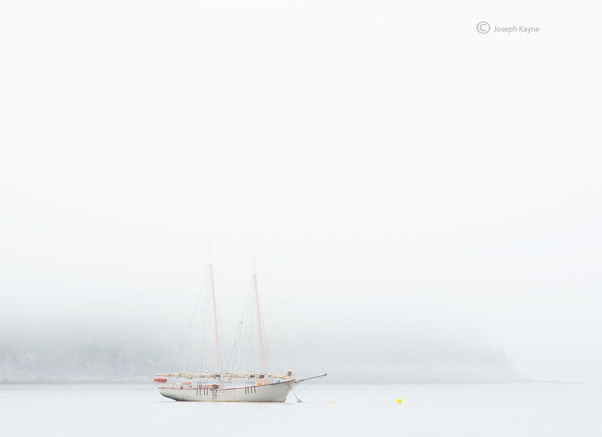 A Lone Sailboat Sits Amongst The Maine Fog